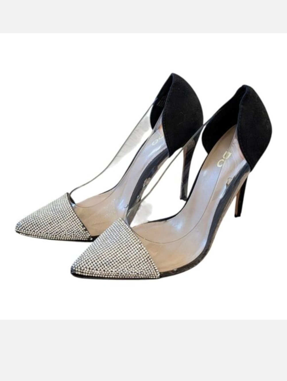 Aldo Black & Silver Heels With Rhinestone Pointed Toes & Clear Sides 6